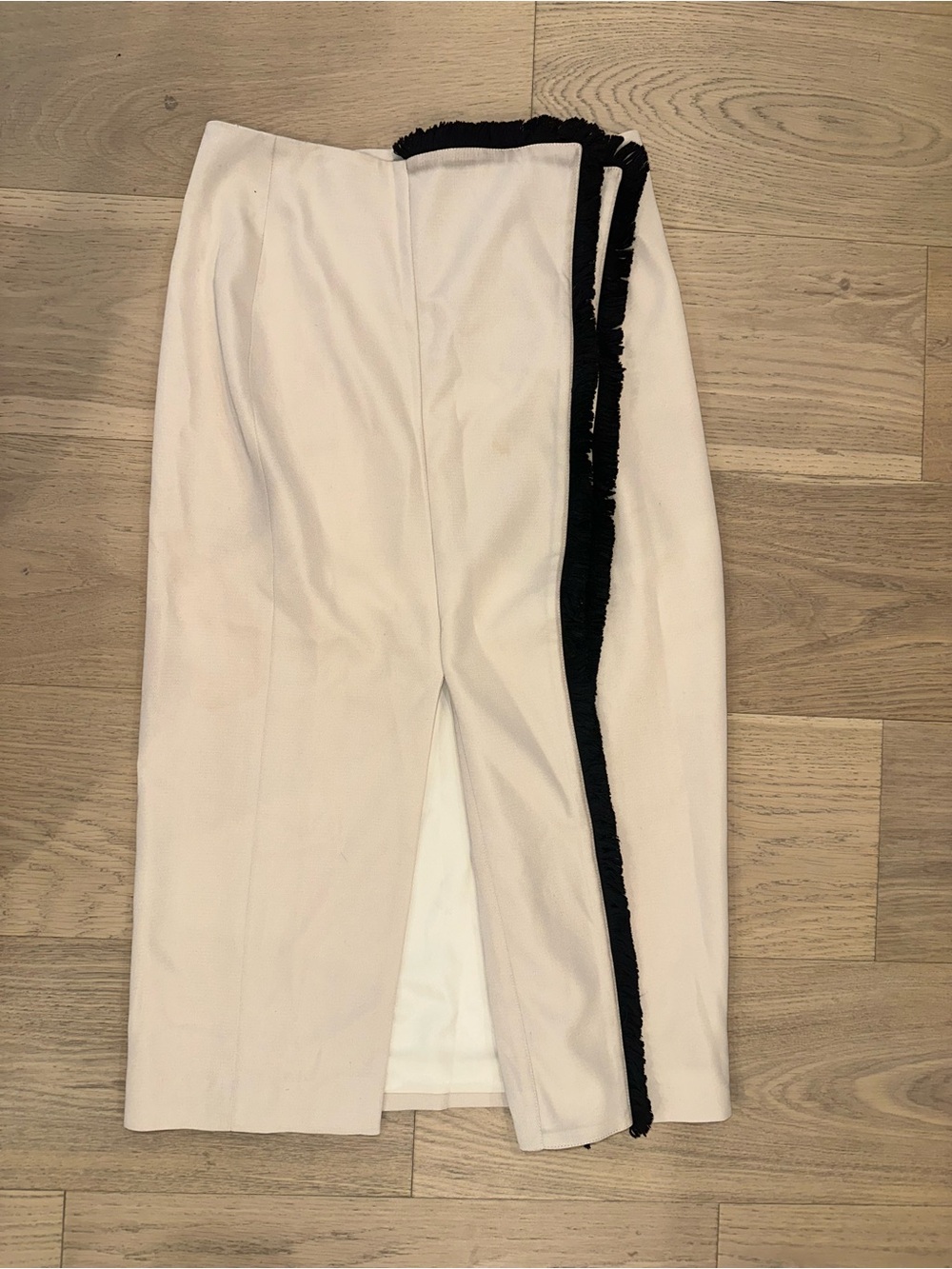 White Pencil Skirt with Black Fringe Trim